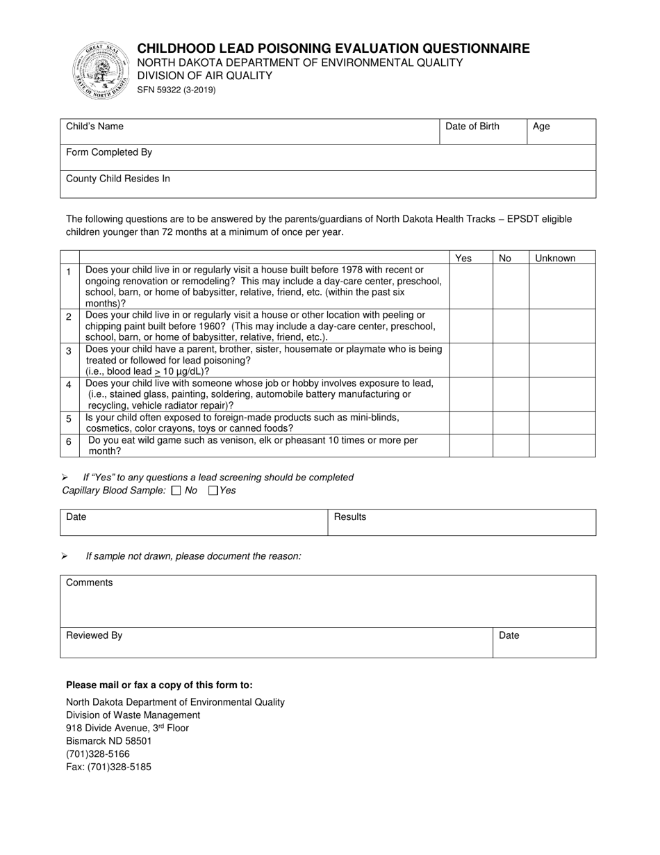 Form SFN59322 Childhood Lead Poisoning Evaluation Questionnaire - North Dakota, Page 1
