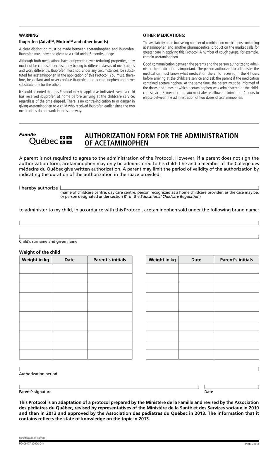 Form FO-0647A Authorization Form for the Administration of Acetaminophen - Quebec, Canada, Page 3