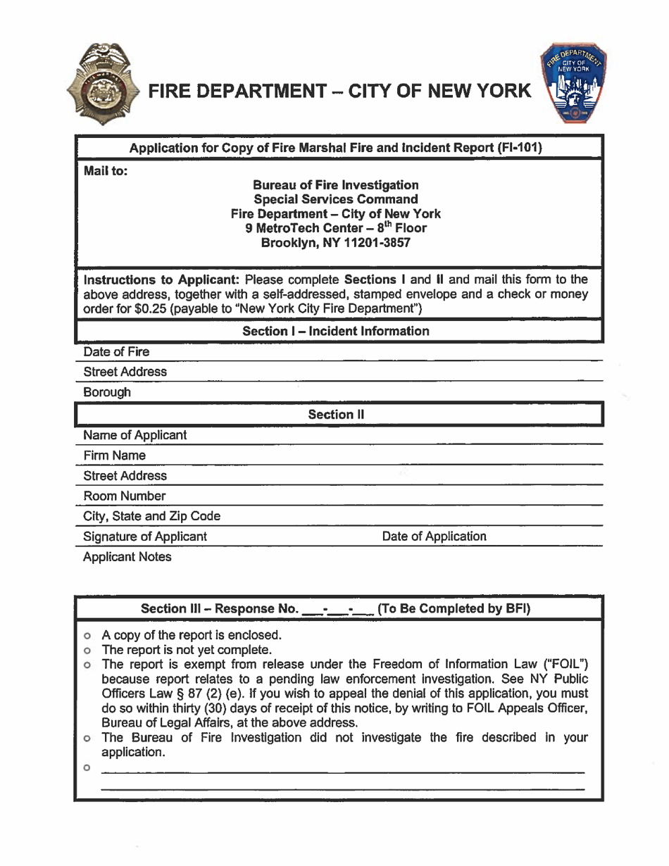 Form FI-101 Application for Copy of Fire Marshal Fire and Incident Report - New York City, Page 1