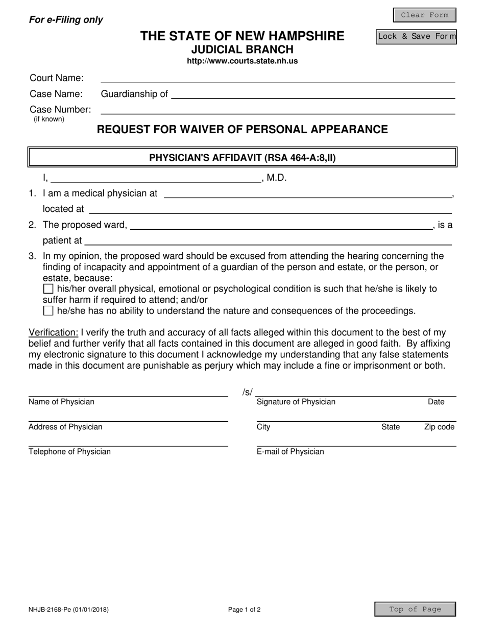 Form NHJB-2168-PE Request for Waiver of Personal Appearance - New Hampshire, Page 1