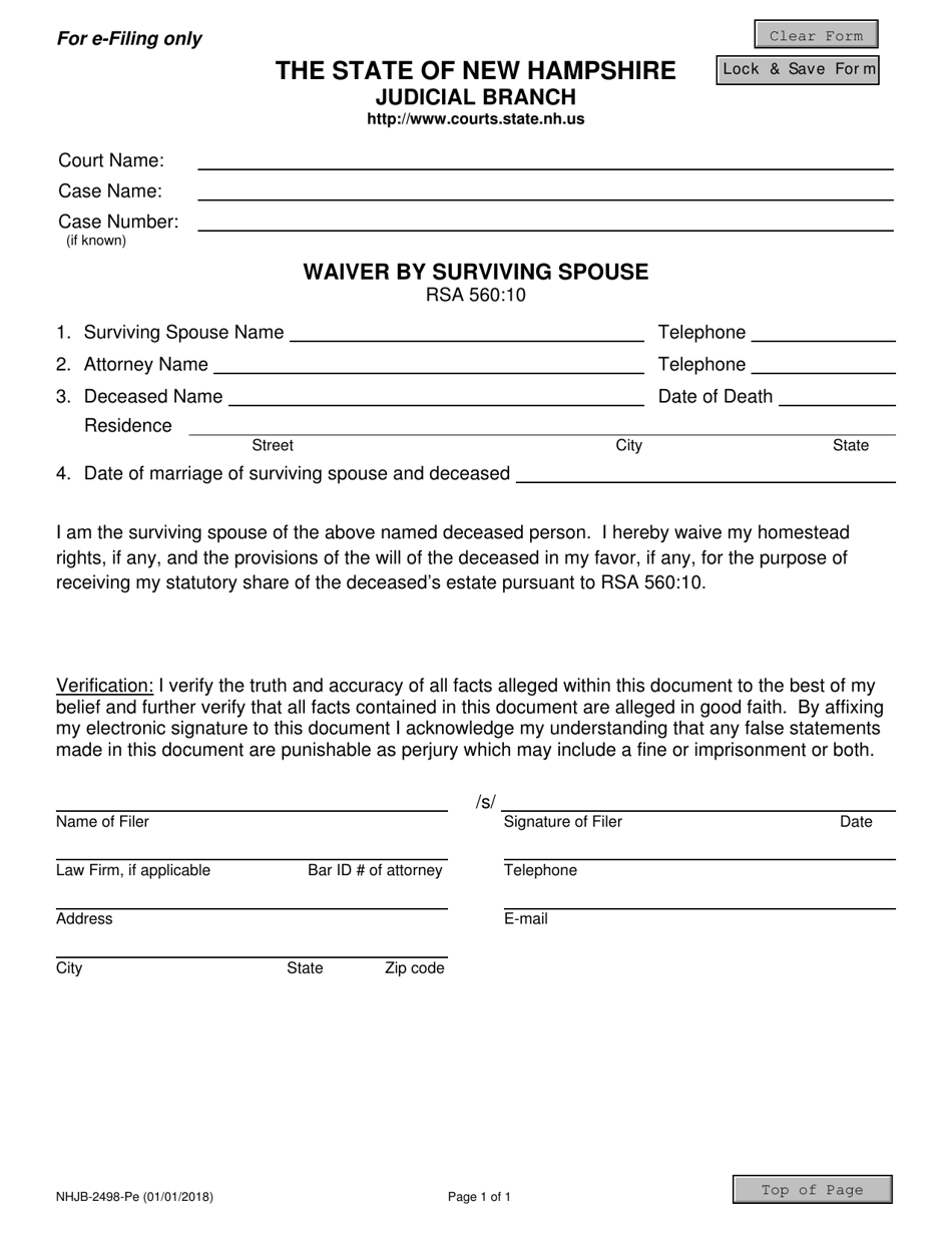 Form NHJB-2498-PE Waiver by Surviving Spouse - New Hampshire, Page 1