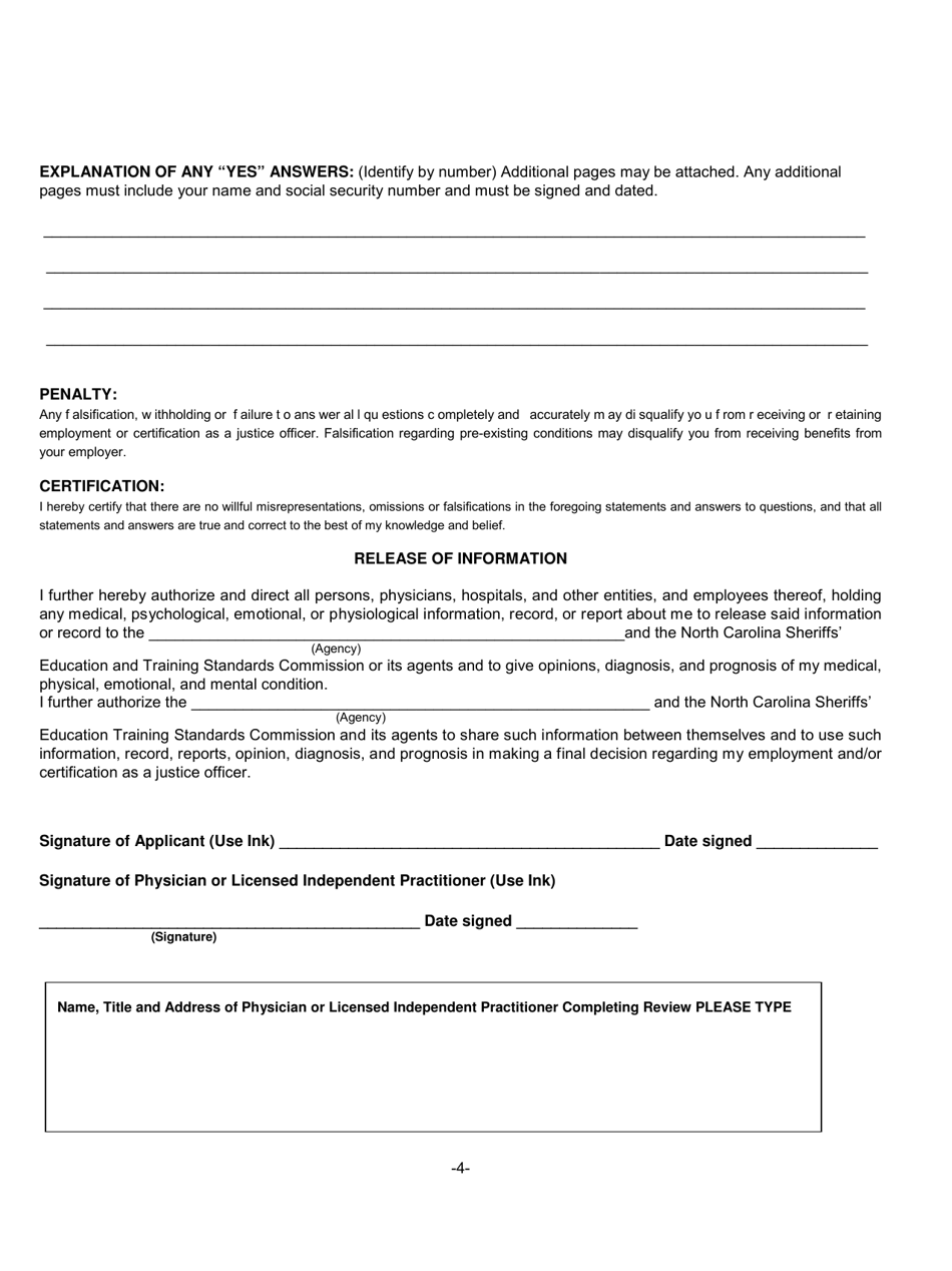 Form F-1 Medical History Statement - North Carolina, Page 4