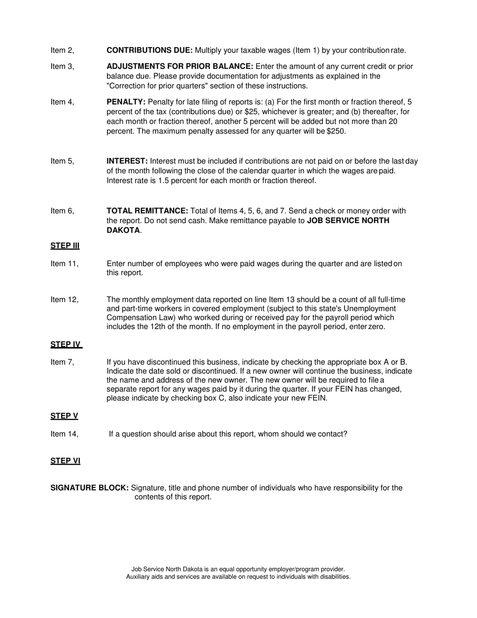 Instructions for Form SFN52307 Employers Contribution and Wage Report - Advance Reimbursement - North Dakota, Page 2