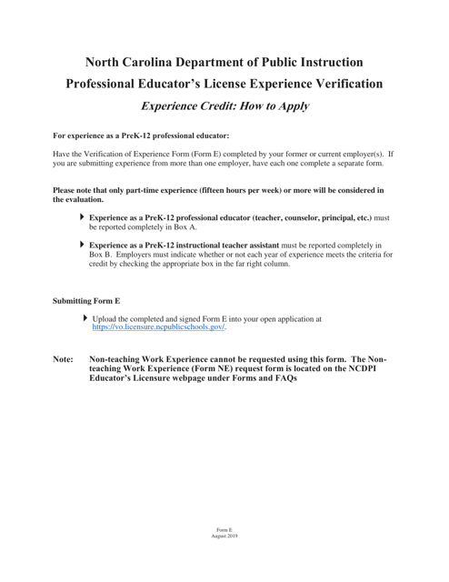 Form E Professional Educator's License Experience Verification - North Carolina