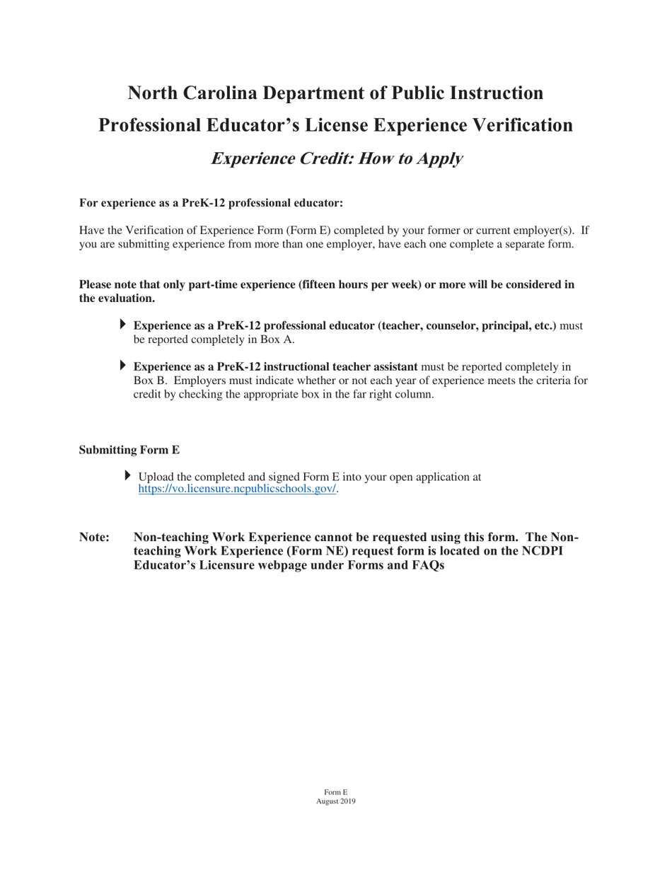 Form E Professional Educators License Experience Verification - North Carolina, Page 1