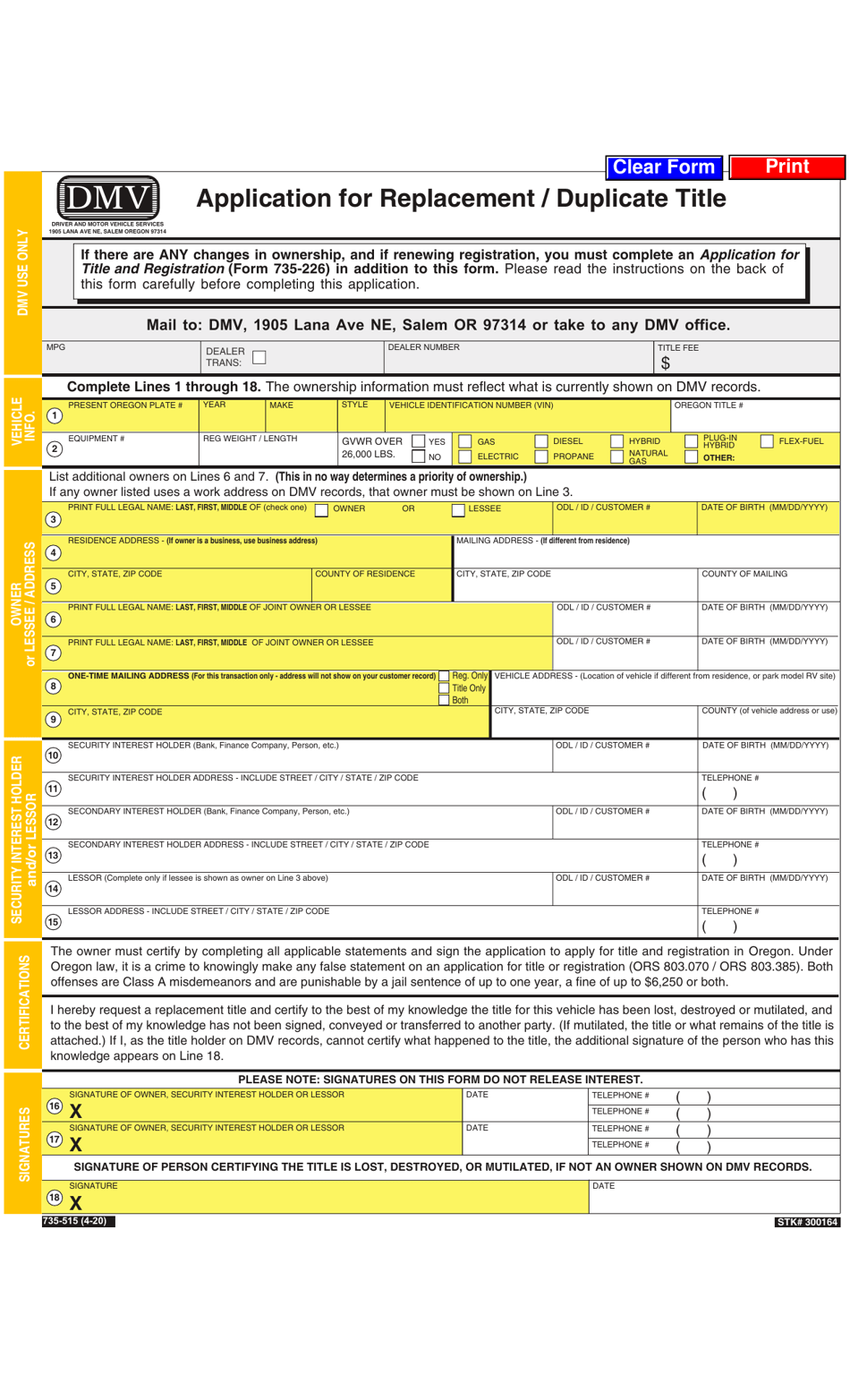 Form 735-515 Application for Replacement / Duplicate Title - Oregon, Page 1