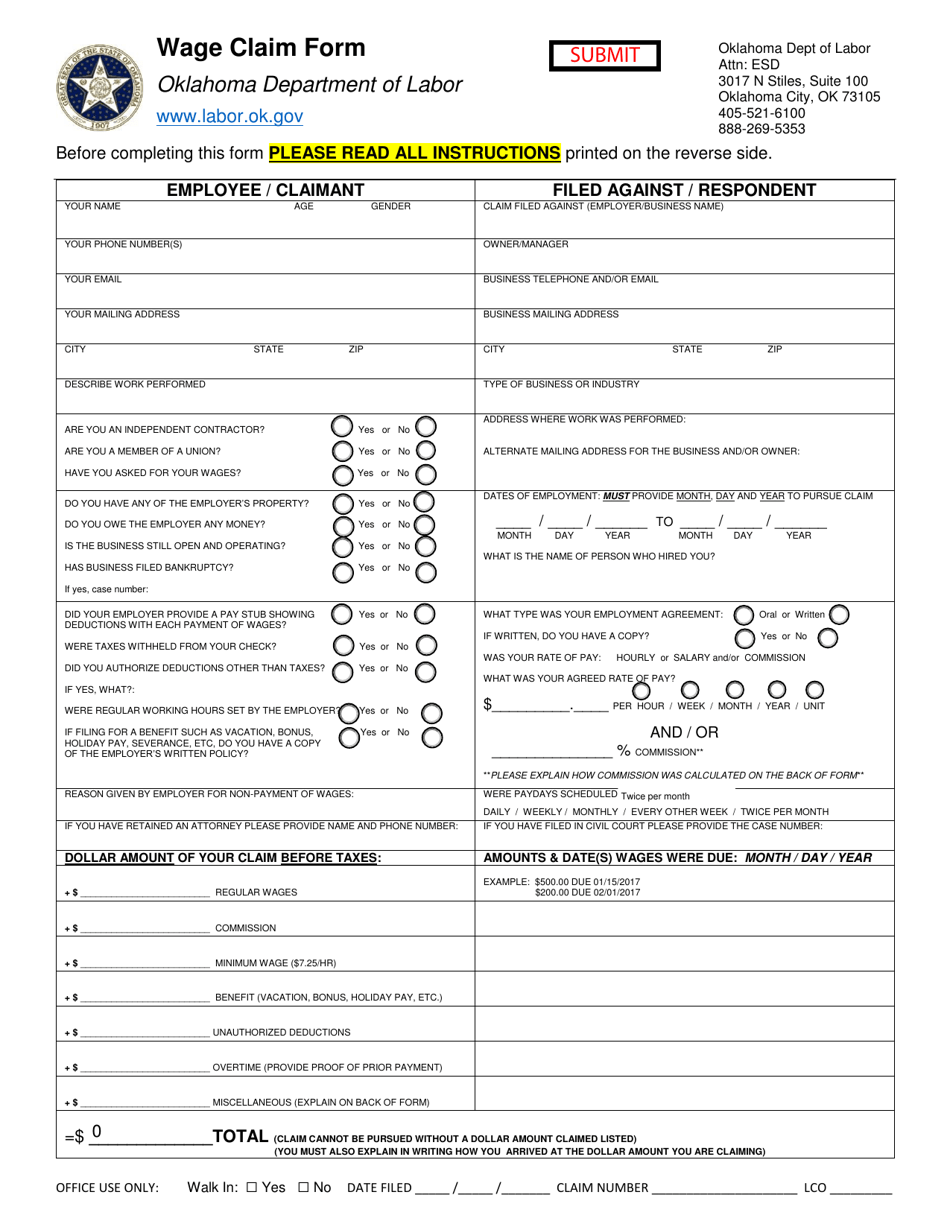 Oklahoma Wage Claim Form Fill Out, Sign Online and Download PDF