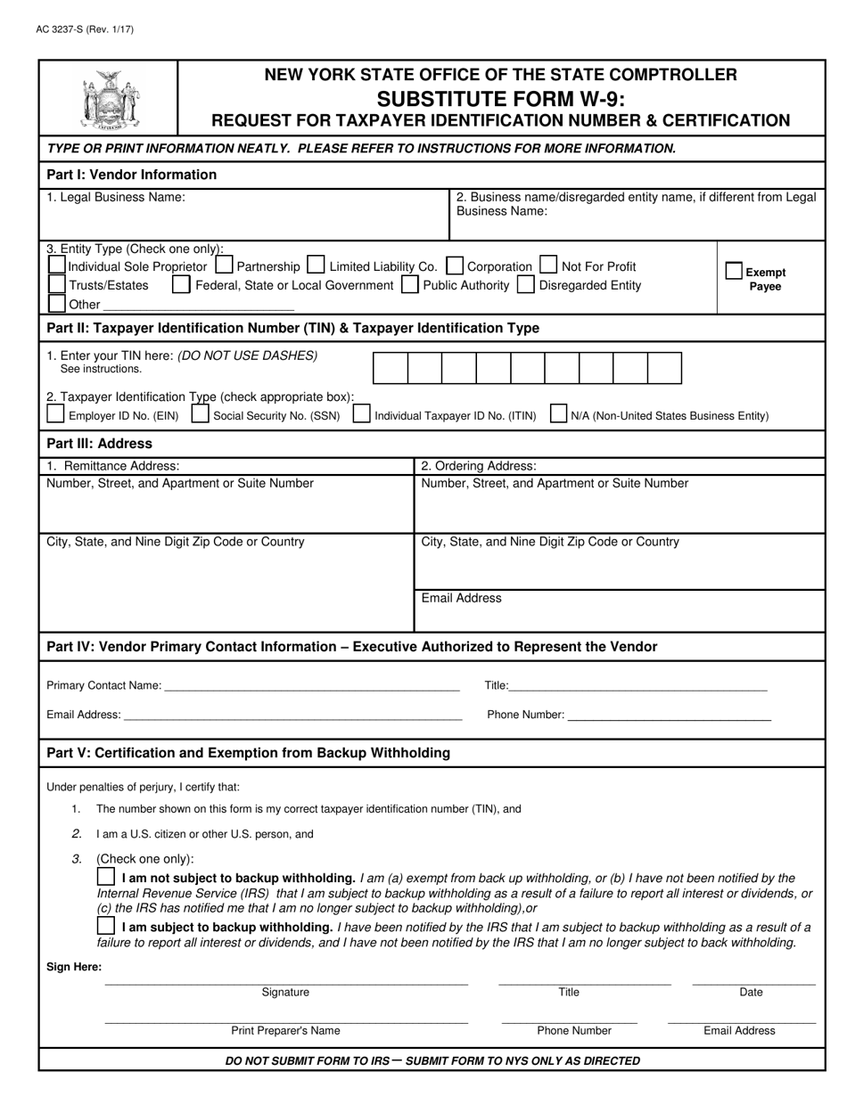 Form AC3237-S Substitute Form W-9: Request for Taxpayer Identification Number  Certification - New York, Page 1