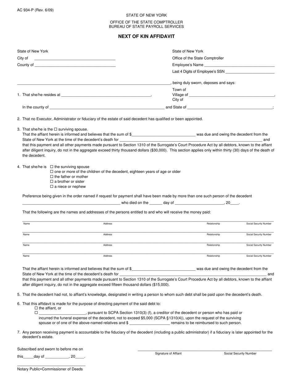 Form AC934-P Next of Kin Affidavit for Bureau of State Payroll Services - New York, Page 1