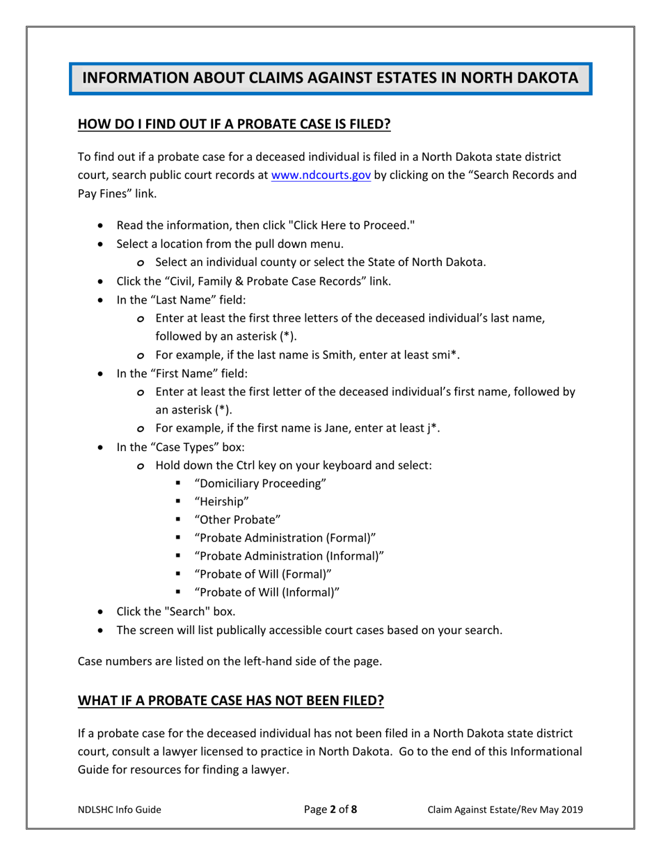 Form 20 Claim Against Estate - North Dakota, Page 2