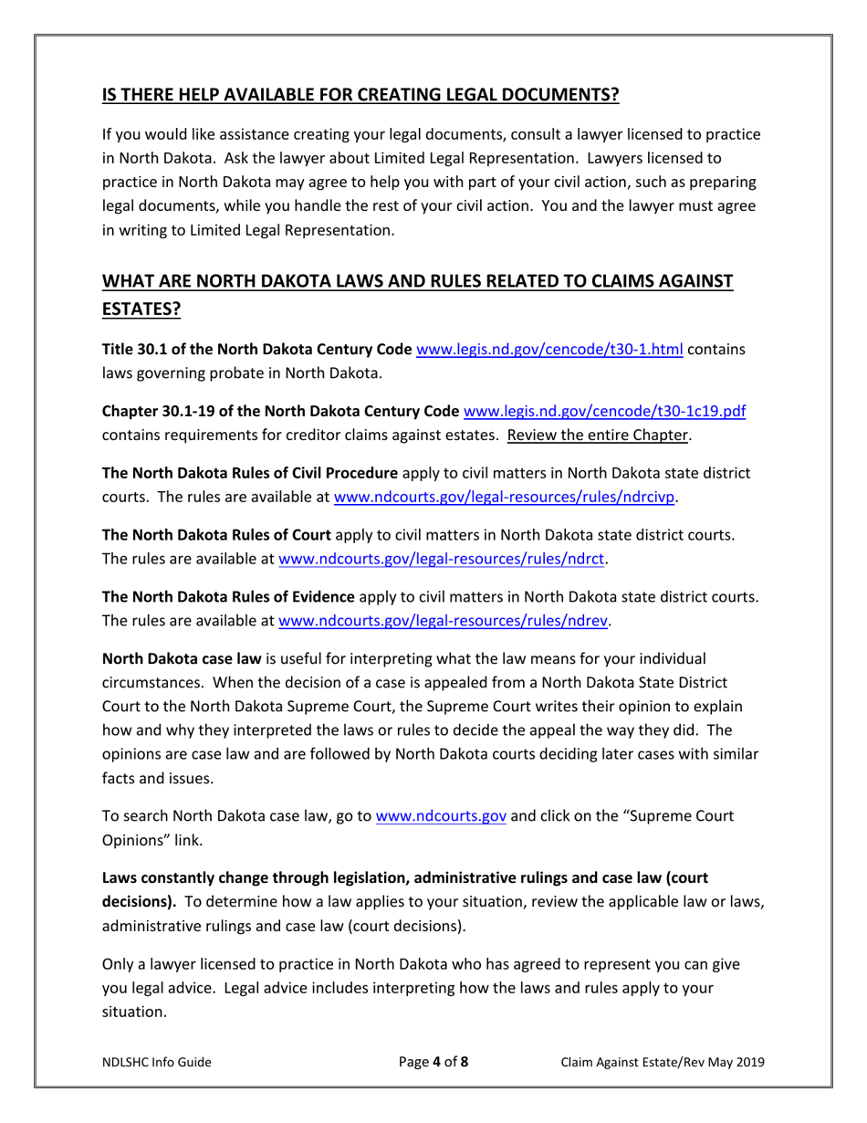 Form 20 Claim Against Estate - North Dakota, Page 4