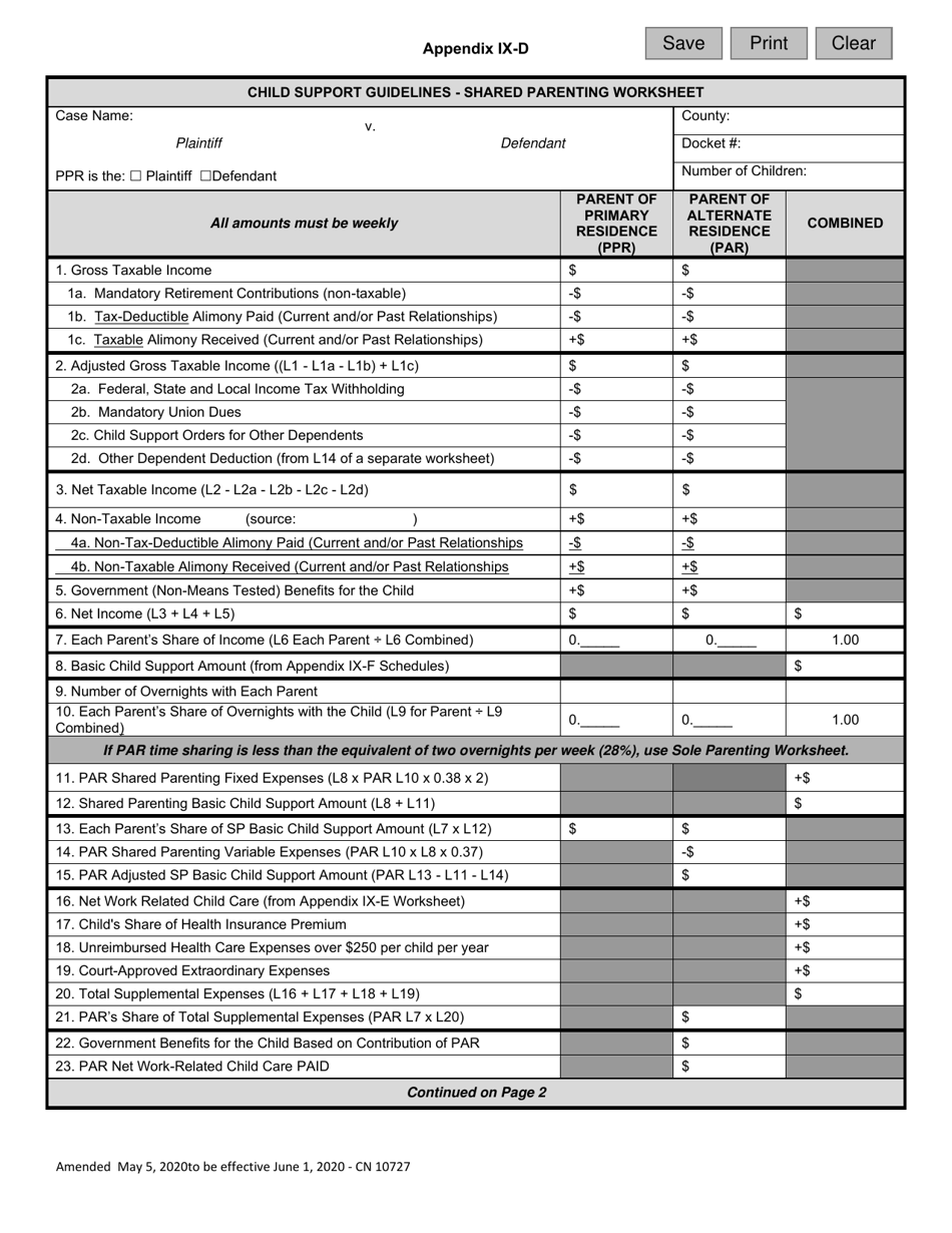 Form 10727 Appendix IX-D Child Support Guidelines - Shared Parenting Worksheet - New Jersey, Page 1