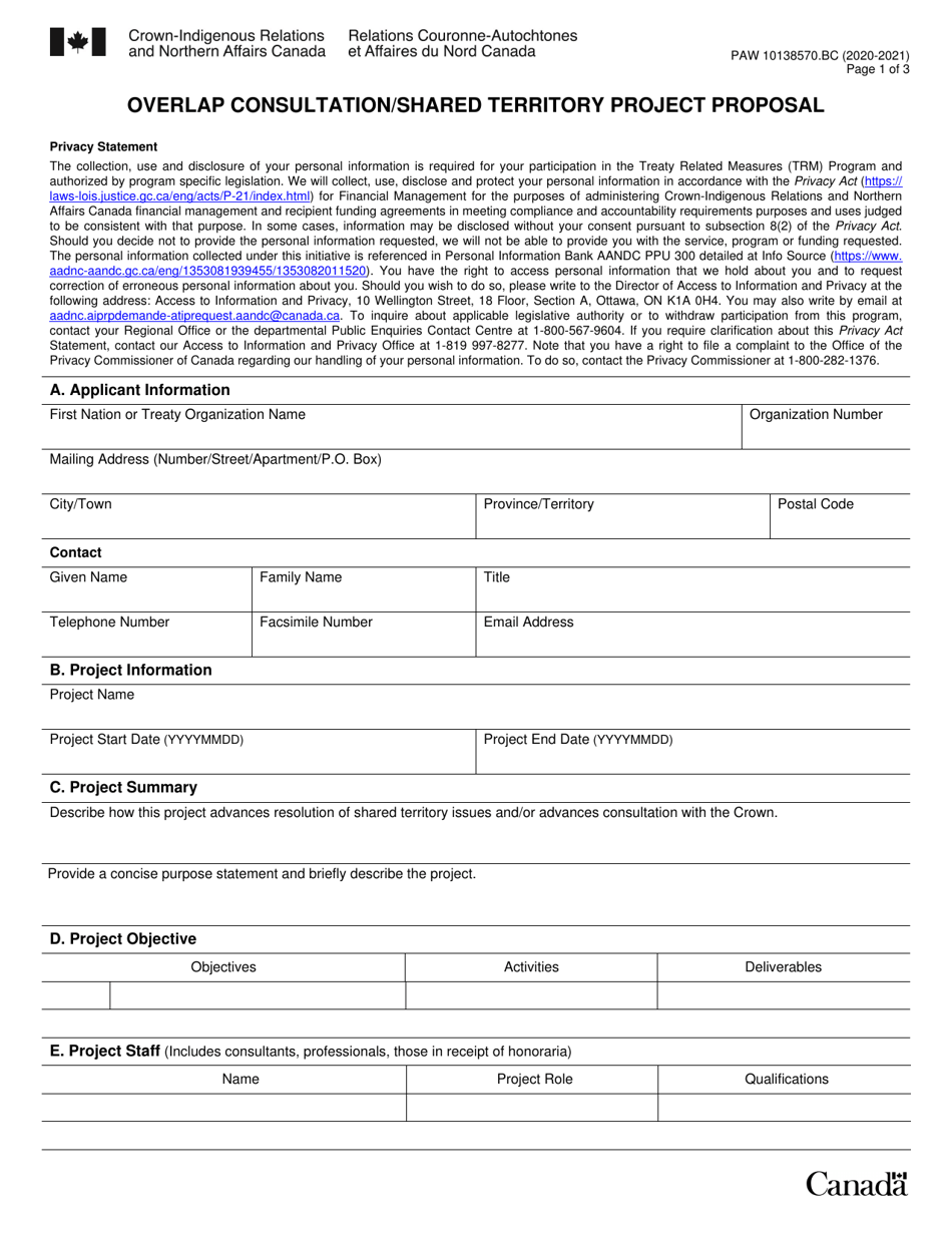 Form PAW10138570.BC Overlap Consultation / Shared Territory Project Proposal - Canada, Page 1