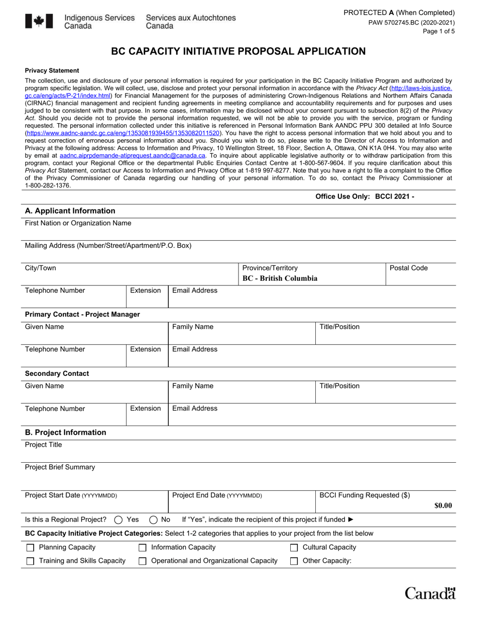 Form PAW5702745 Bc Capacity Initiative Proposal Application - Canada, Page 1