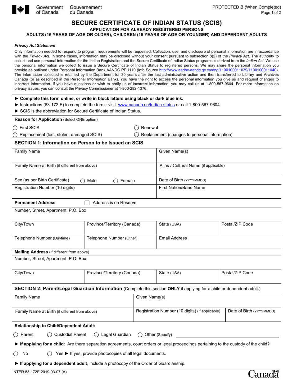Form INTER83-172E Secure Certificate of Indian Status (Scis) Application for Already Registered Persons - Canada, Page 1