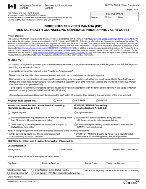 Form INTER40-001E Mental Health Counselling Coverage Prior Approval Request - Canada