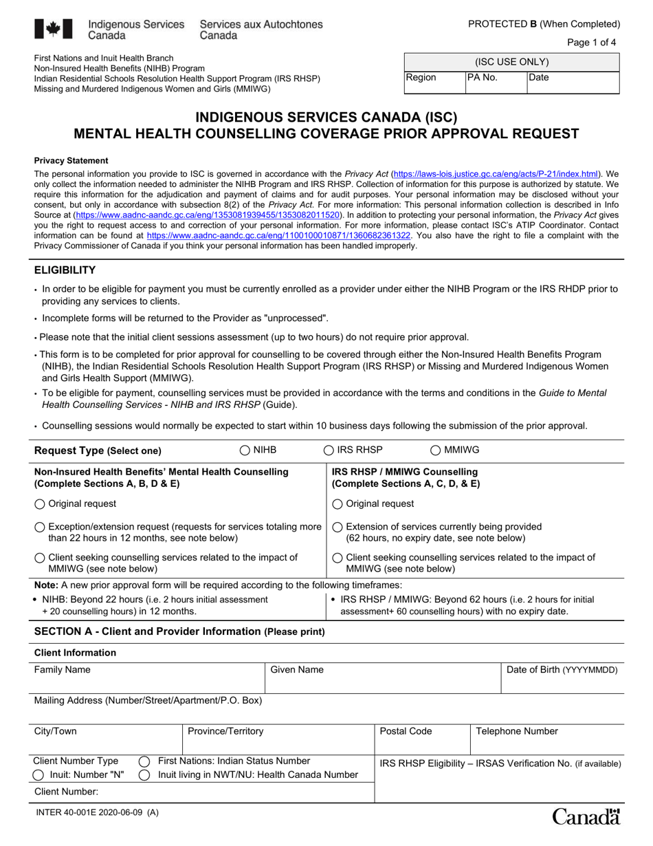 Form INTER40-001E Mental Health Counselling Coverage Prior Approval Request - Canada, Page 1