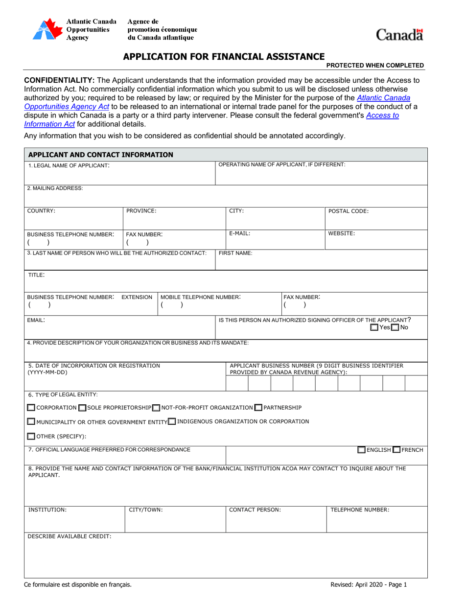 Application for Financial Assistance - Canada, Page 1