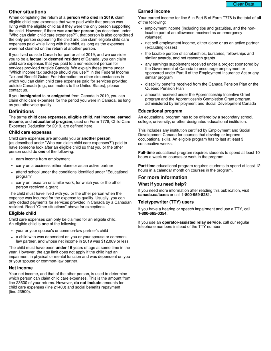 Form T778 Child Care Expenses Deduction - Canada, Page 2