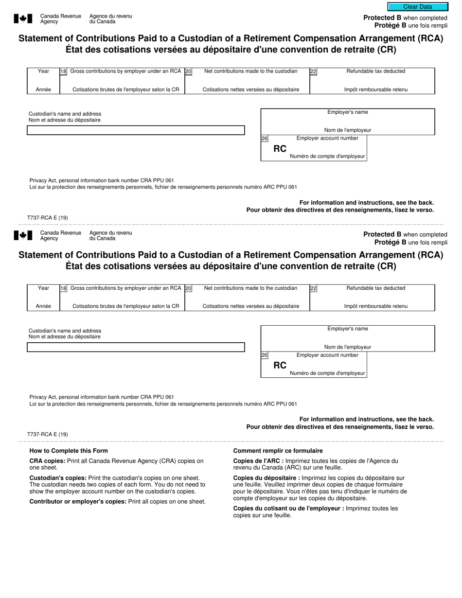Form T737-RCA Statement of Contributions Paid to a Custodian of a Retirement Compensation Arrangement (Rca) - Canada (English / French), Page 1