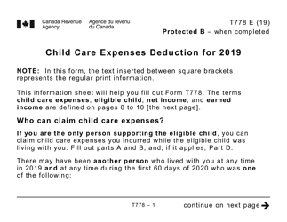 Document preview: Form T778 Child Care Expenses Deduction - Large Print - Canada, 2019
