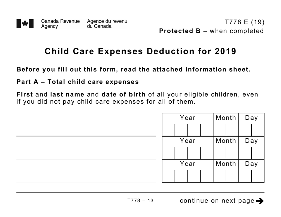 Form T778 Child Care Expenses Deduction - Large Print - Canada, Page 13