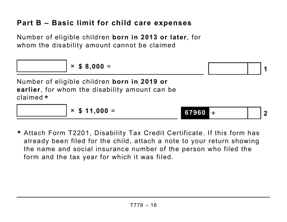 Form T778 Child Care Expenses Deduction - Large Print - Canada, Page 16