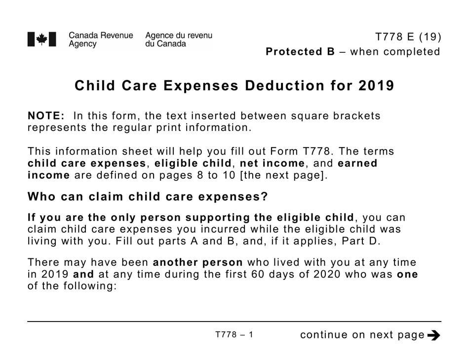 Form T778 Child Care Expenses Deduction - Large Print - Canada, Page 1