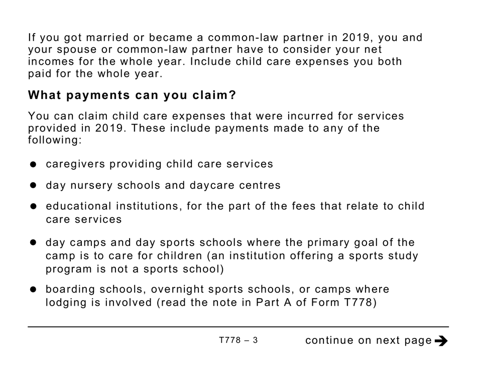 Form T778 Child Care Expenses Deduction - Large Print - Canada, Page 3
