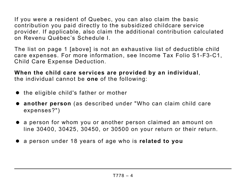Form T778 Child Care Expenses Deduction - Large Print - Canada, Page 4