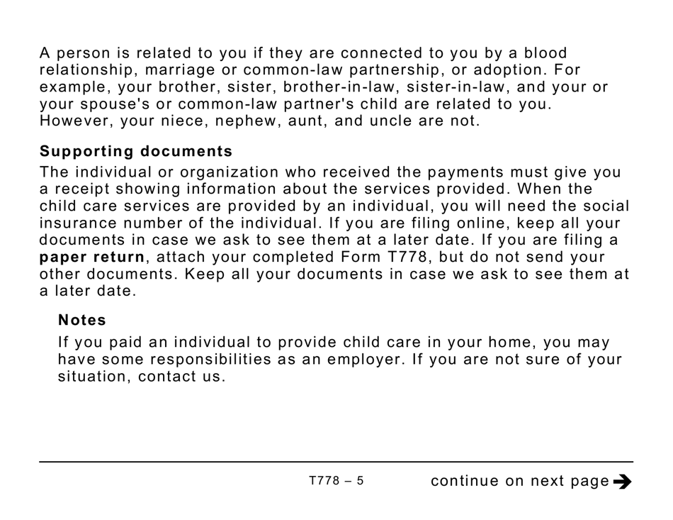 Form T778 Child Care Expenses Deduction - Large Print - Canada, Page 5