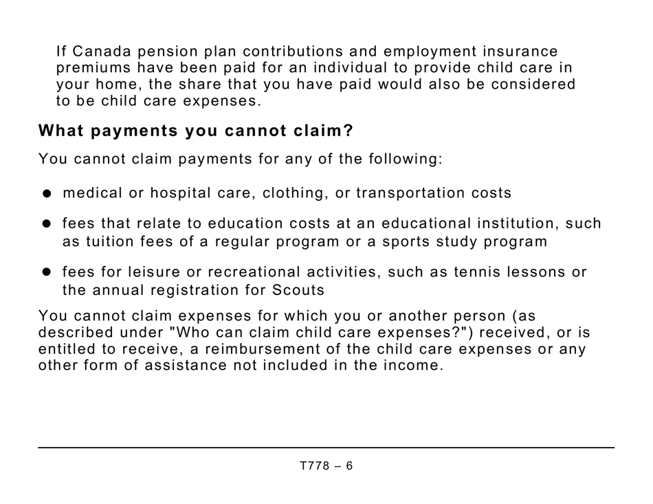 Form T778 Child Care Expenses Deduction - Large Print - Canada, Page 6