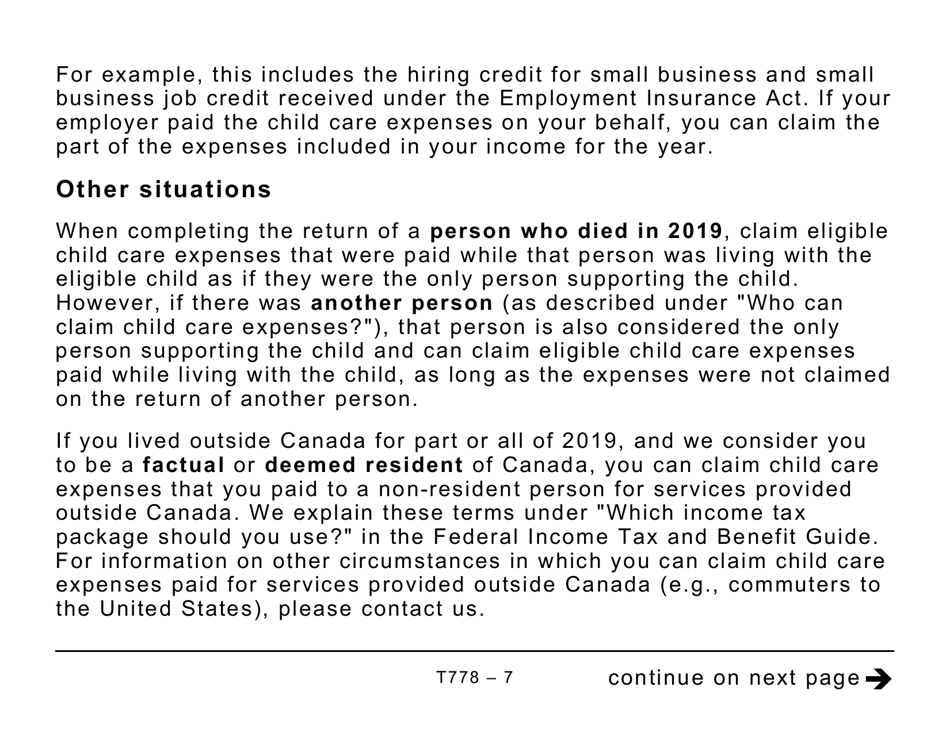 Form T778 Child Care Expenses Deduction - Large Print - Canada, Page 7