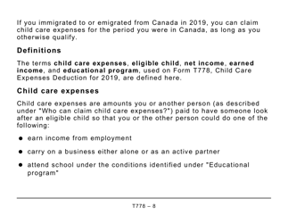 Form T778 Child Care Expenses Deduction - Large Print - Canada, Page 8