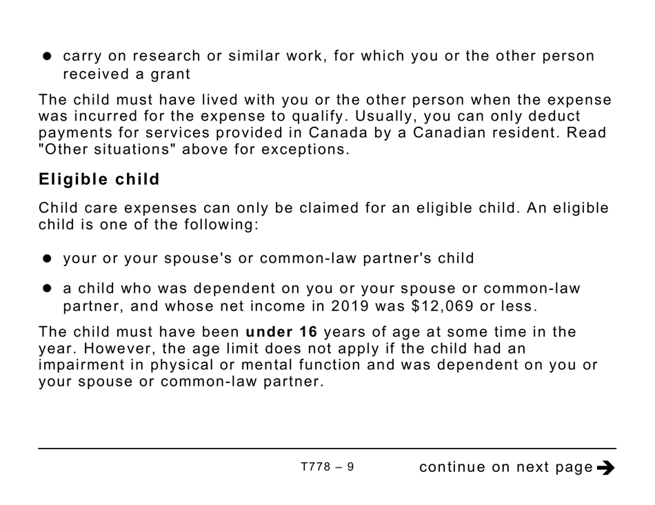 Form T778 Child Care Expenses Deduction - Large Print - Canada, Page 9