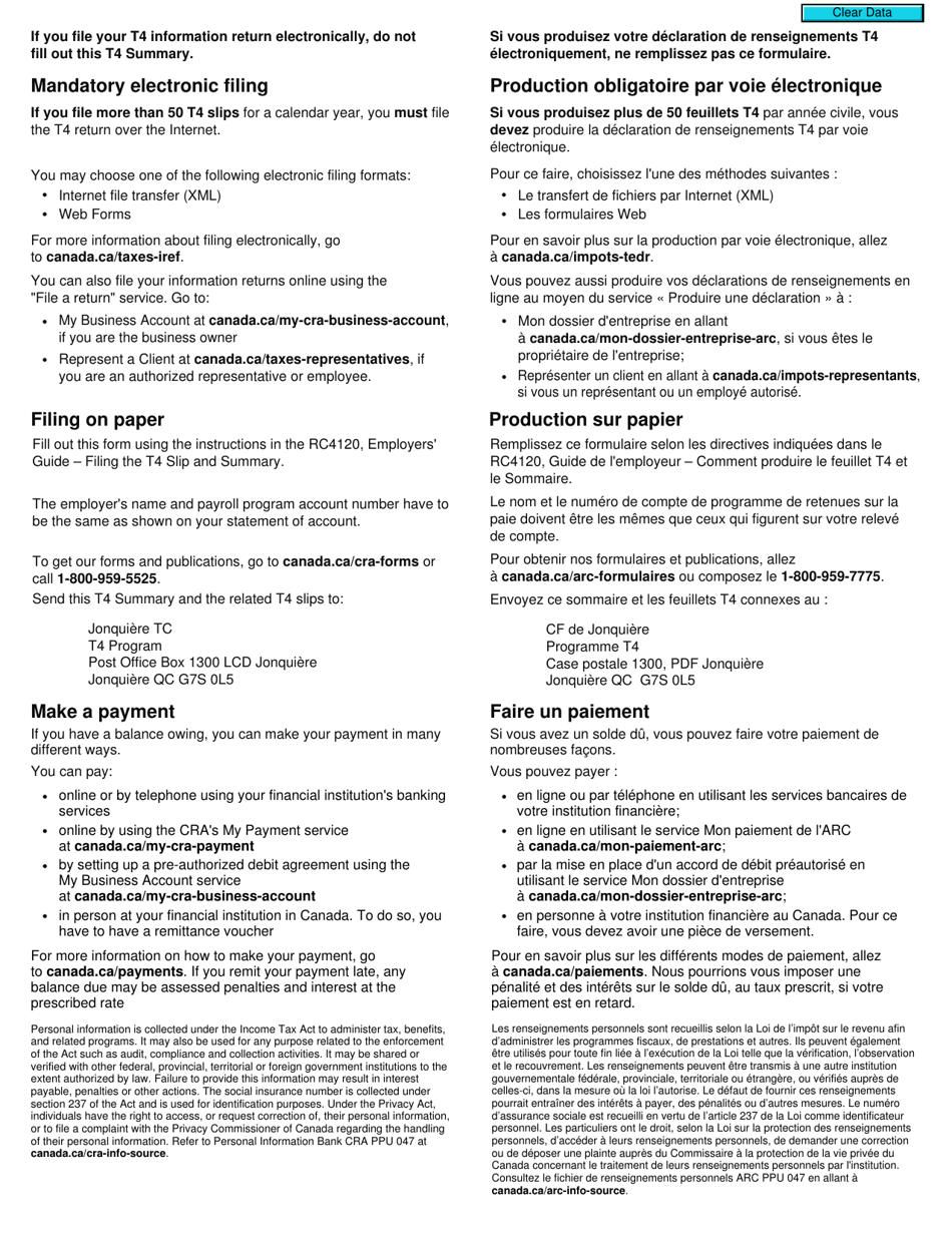 Form T4 SUM Summary of Remuneration Paid - Canada (English / French), Page 2