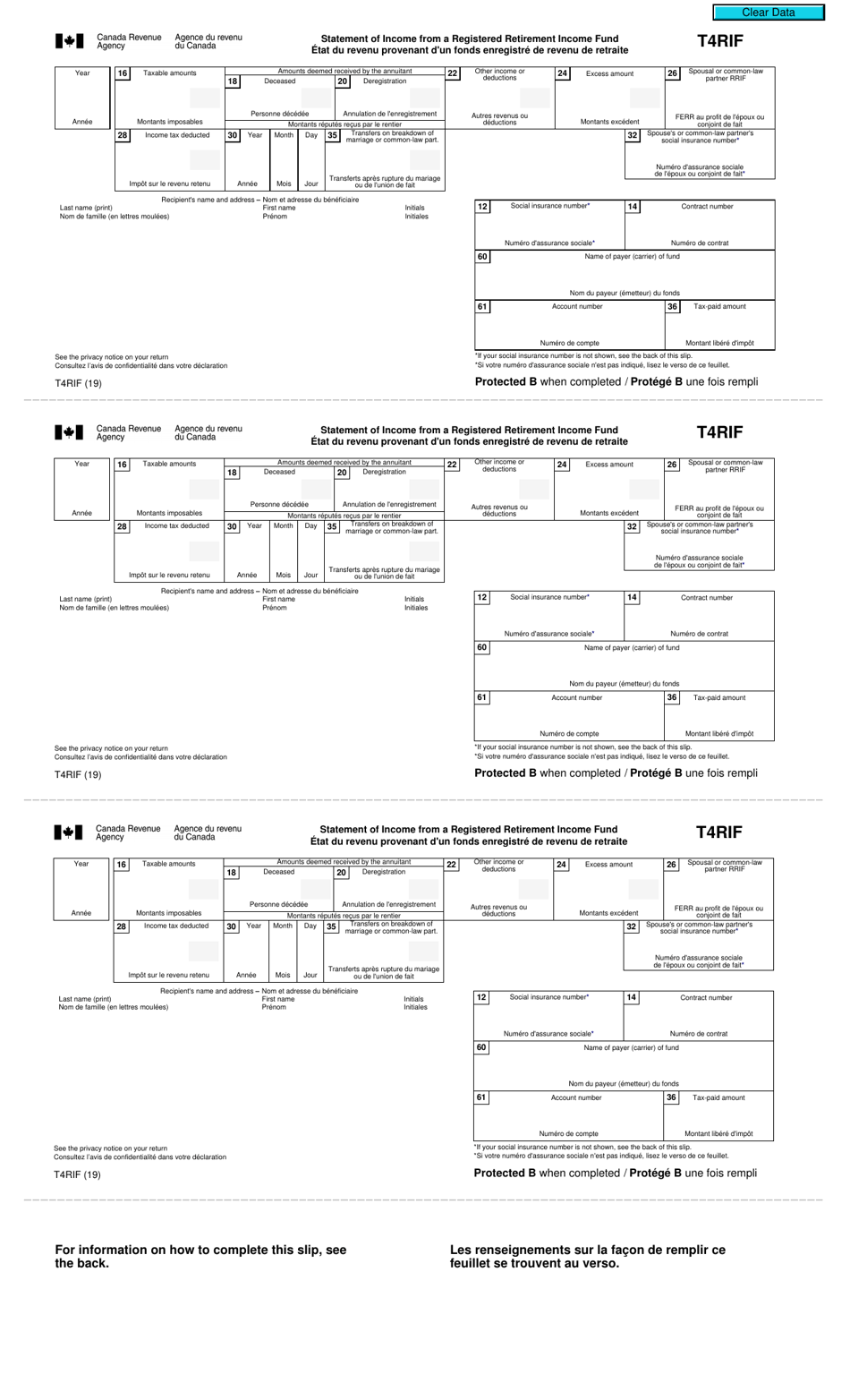 Form T4RIF Statement of Income From a Registered Retirement Income Fund - Canada (English / French), Page 1