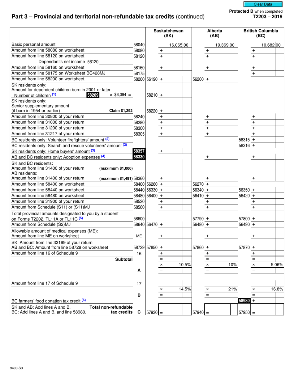 Form T2203 (9400-S3) Part 3 Provincial and Territorial Non-refundable Tax Credits (Sk, AB, Bc) - Canada, Page 1