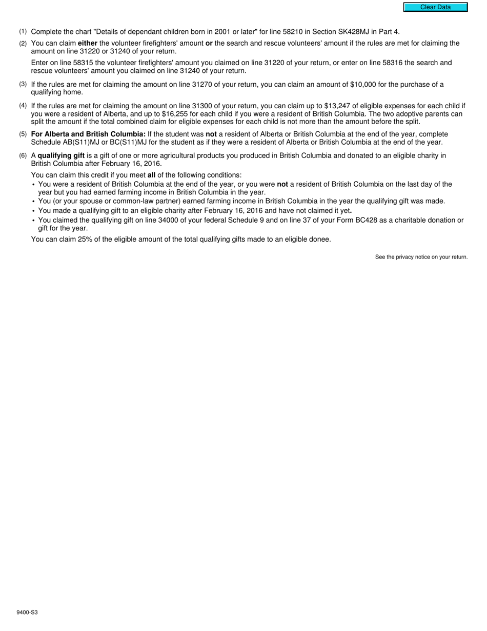 Form T2203 (9400-S3) Part 3 Provincial and Territorial Non-refundable Tax Credits (Sk, AB, Bc) - Canada, Page 2
