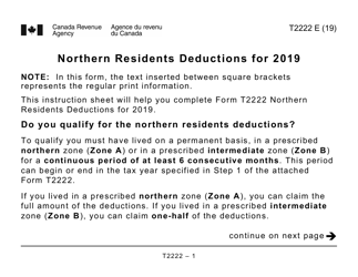Document preview: Form T2222 Northern Residents Deductions - Large Print - Canada, 2019