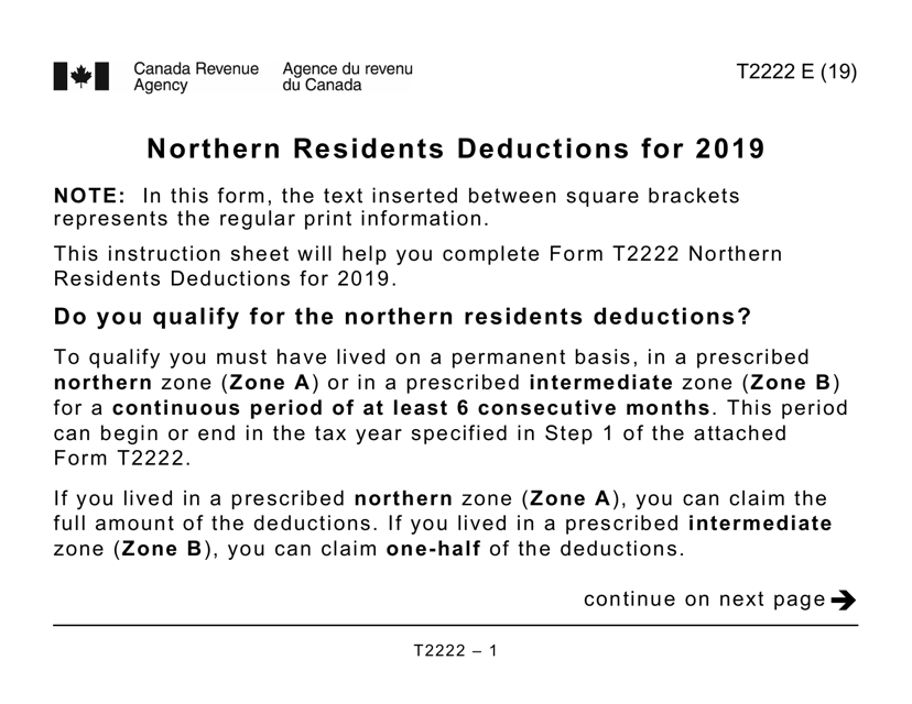 Form T2222 Northern Residents Deductions - Large Print - Canada, 2019