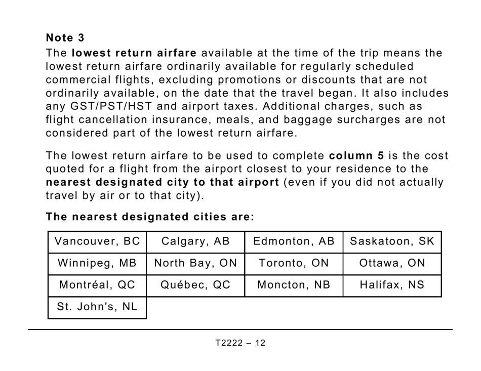 Form T2222 Northern Residents Deductions - Large Print - Canada, Page 12