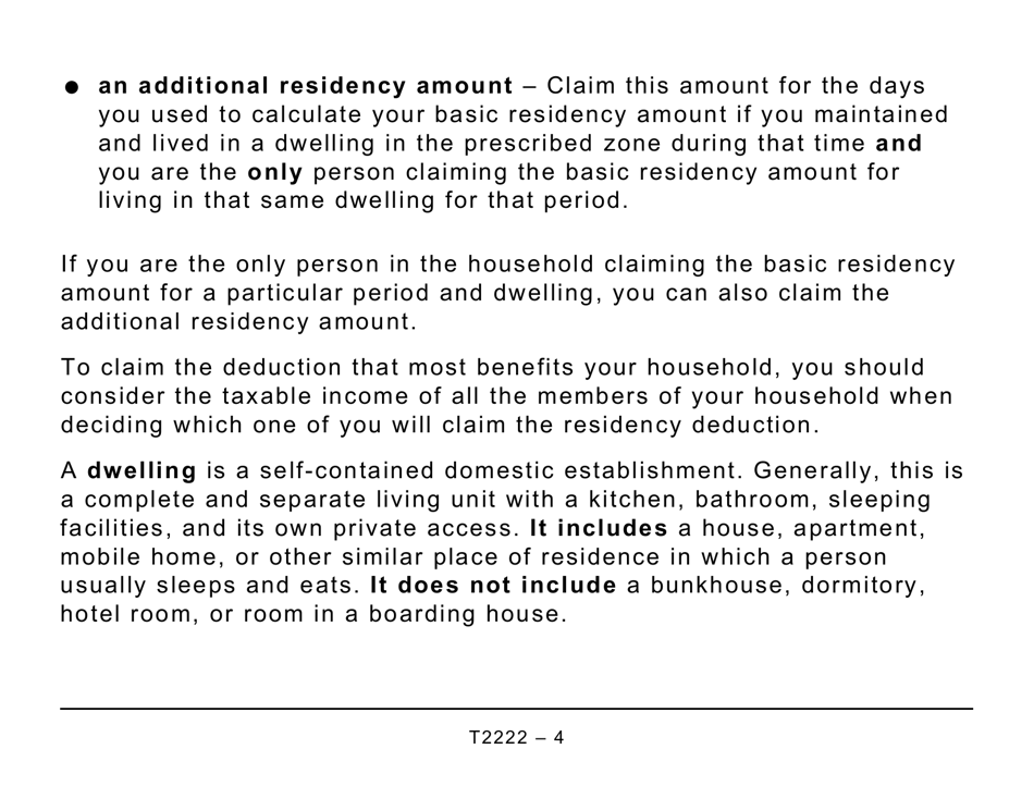 Form T2222 Northern Residents Deductions - Large Print - Canada, Page 4