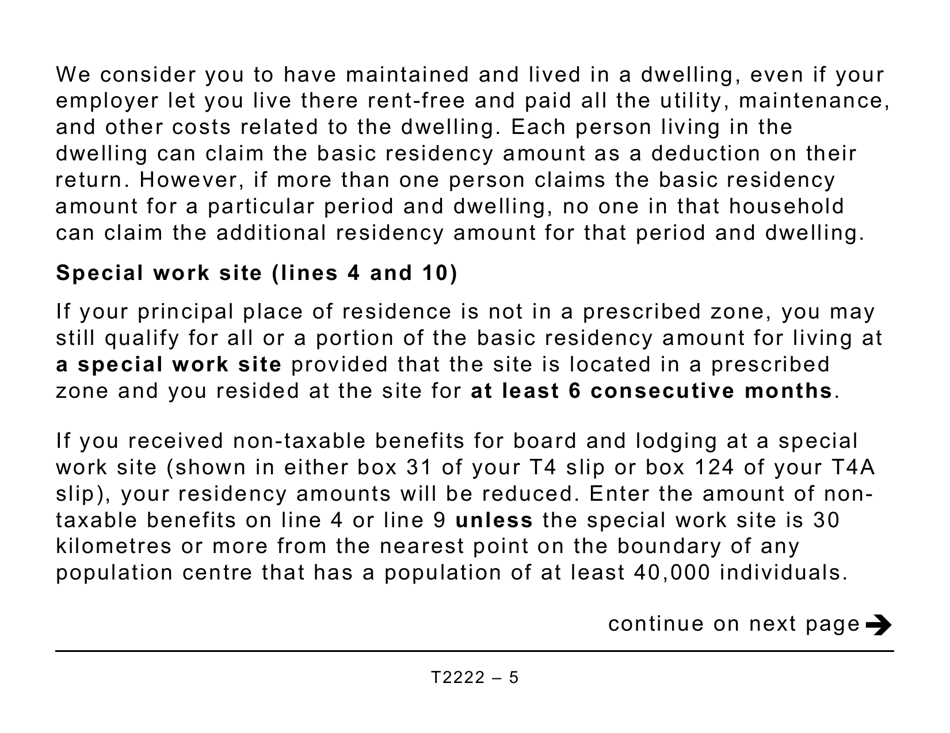Form T2222 Northern Residents Deductions - Large Print - Canada, Page 5