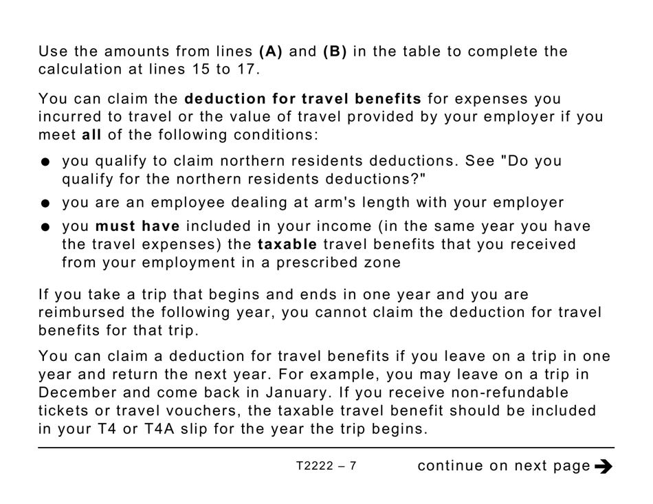 Form T2222 Northern Residents Deductions - Large Print - Canada, Page 7