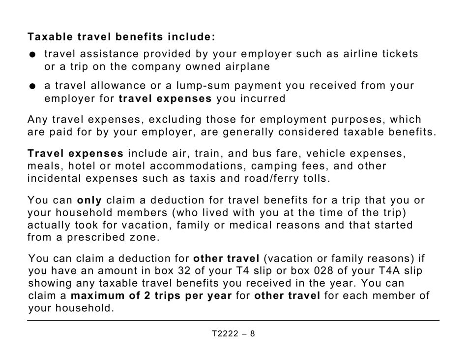 Form T2222 Northern Residents Deductions - Large Print - Canada, Page 8
