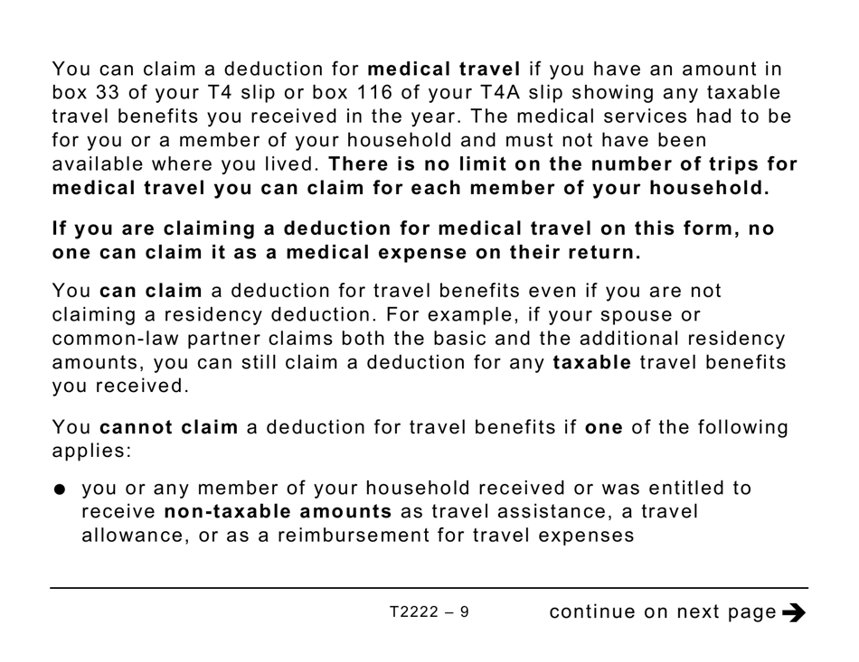 Form T2222 Northern Residents Deductions - Large Print - Canada, Page 9