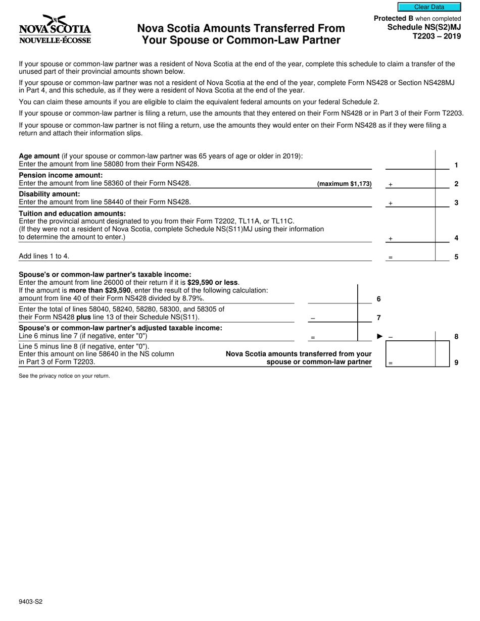 Form T2203 (9403-S2) Schedule NS(S2)MJ Nova Scotia Amounts Transferred From Your Spouse or Common-Law Partner - Canada, Page 1