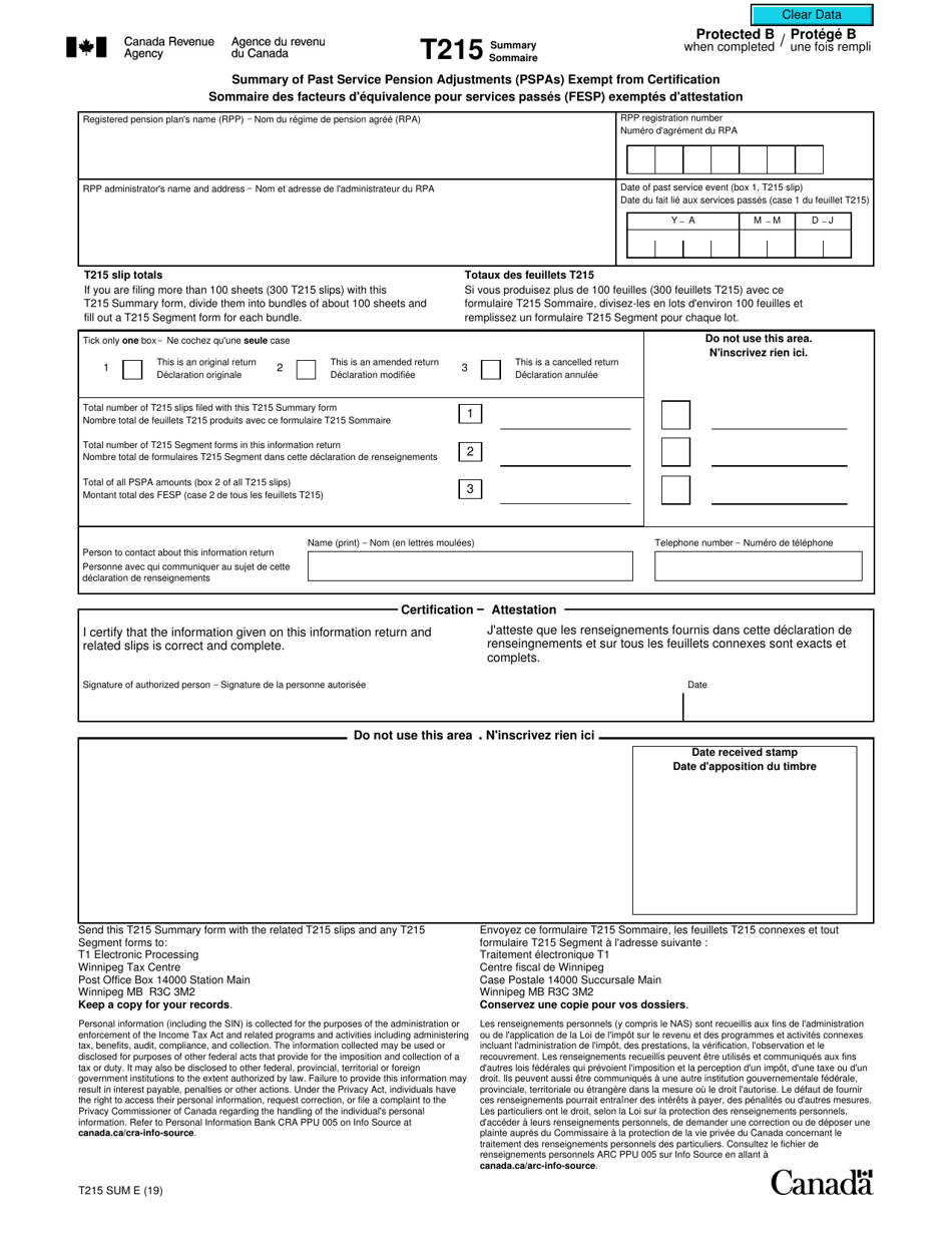 Form T215 SUM Summary of Past Service Pension Adjustments (Pspas) Exempt From Certification - Canada (English / French), Page 1