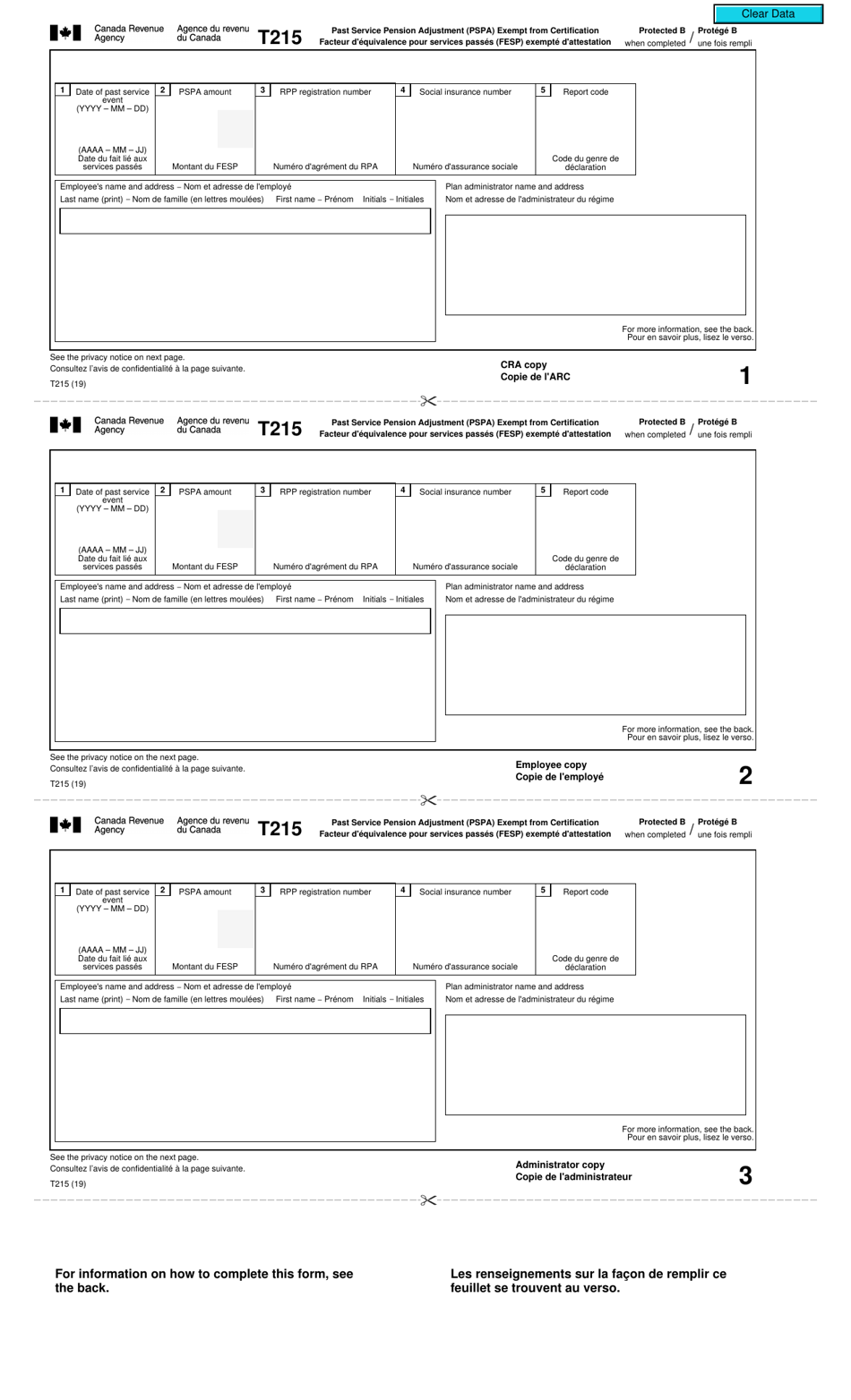 Form T215 Past Service Pension Adjustment (Pspa) Exempt From Certification - Canada (English / French), Page 1